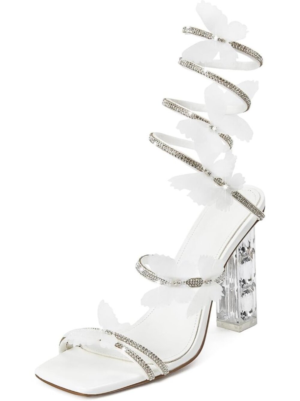 🆕Women's White Heels Square Toe Rhinestone Butterfly Prom Dressy Sandals